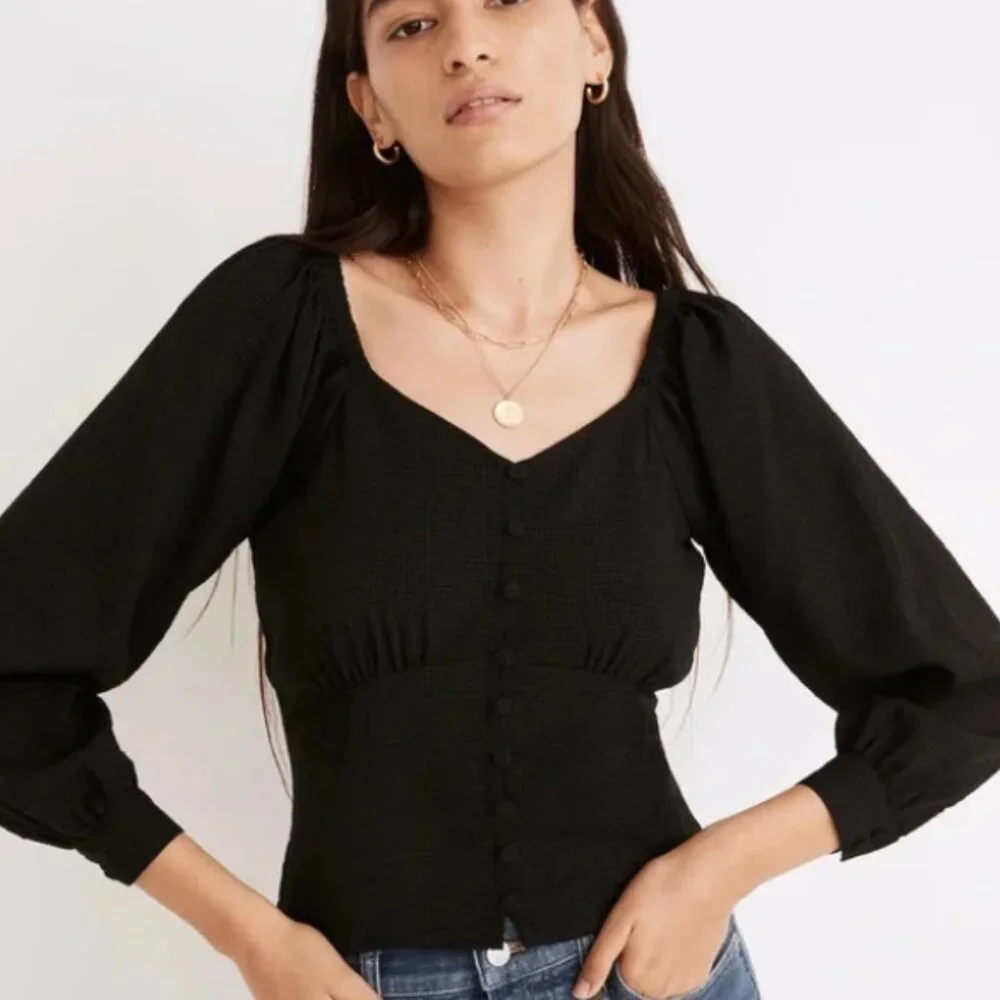Madewell Preston puff sleeve top blouse button front gingham